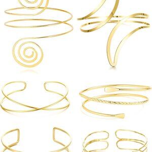 6-Piece Gold Arm Cuff Set Adjustable Zinc Bracelets for Women Fashion
